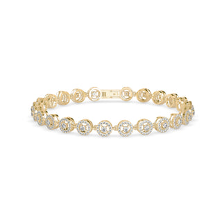 Radiant tennis bracelet with halo circle design, adorned with 1.85 ct round lab-grown diamonds in 12.55 gm of 18kt gold. Elevate your style ethically.