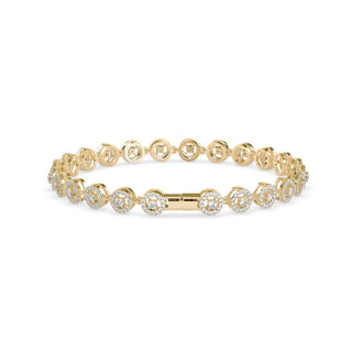 Radiant tennis bracelet with halo circle design, adorned with 1.85 ct round lab-grown diamonds in 12.55 gm of 18kt gold. Elevate your style ethically.